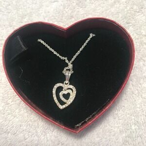 Vintage Avon 2004 Rhinestone Heart Necklace in Keepsake Box Silvertone